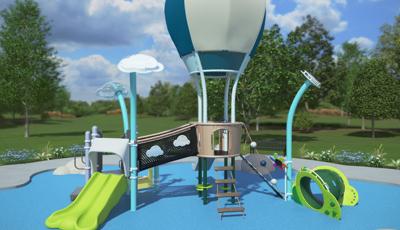 Animated render of a hot air balloon designed playground structure.