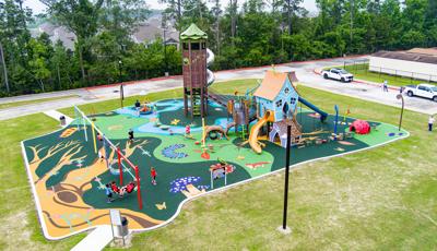 Elevated view of a whimsical nature themed elementary school playground.