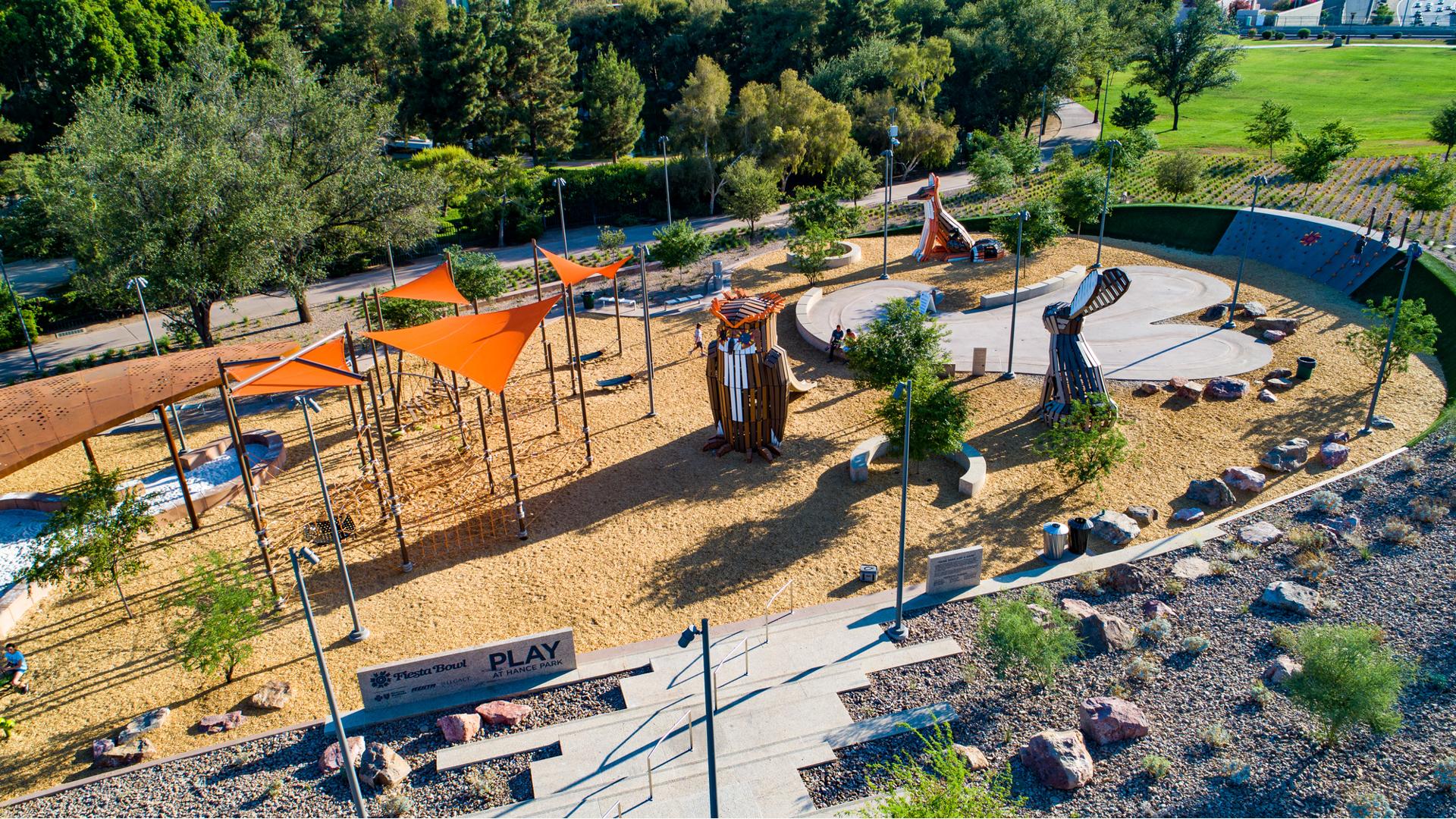 Margaret T. Hance Park is the perfect mixture of adventure and imagination. Kids can fuel their sense of adventure through the various obstacles such as a Rock-Climbing Wall and a SwiggleKnots™ Bridge. A custom ropes course with an integrated SkyWays®