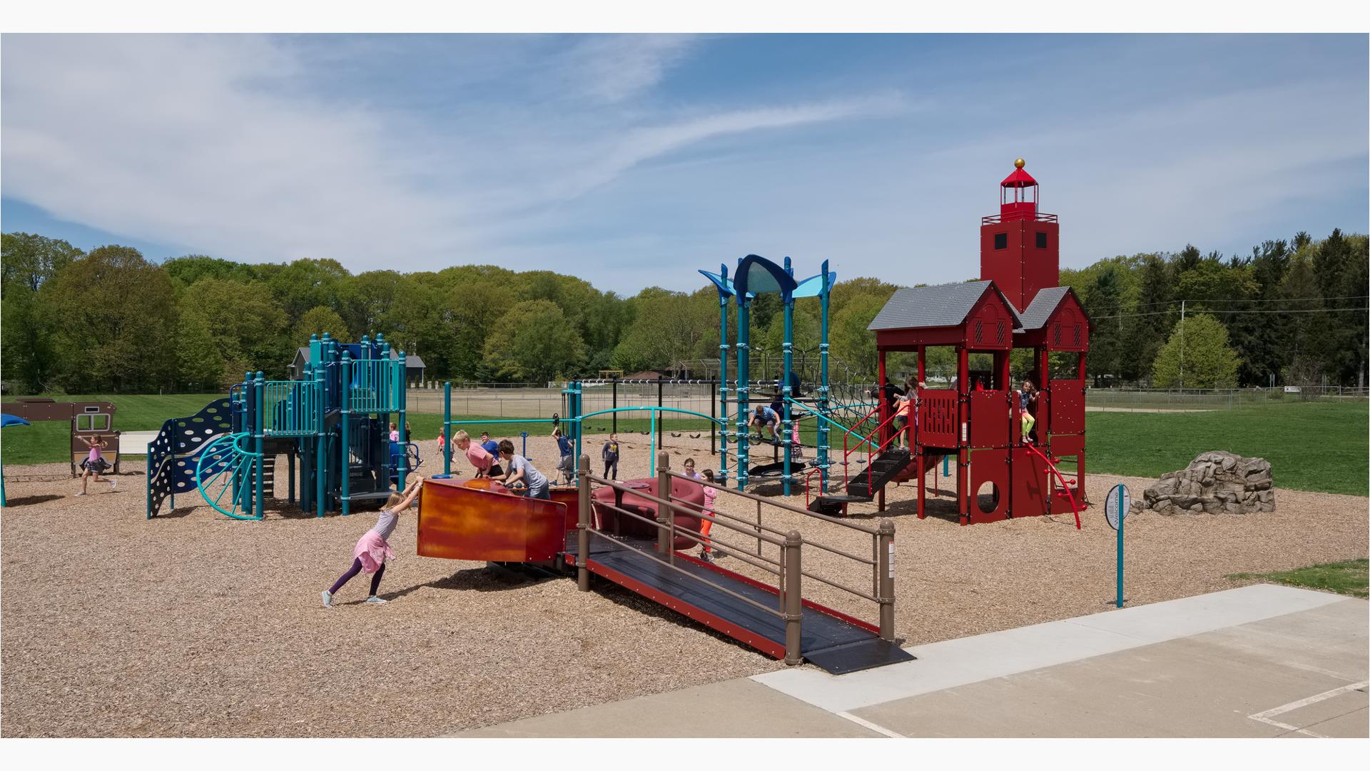 Lakewood Elementary School, Holland, MI. A custom lighthouse-themed PlayBooster® playground.