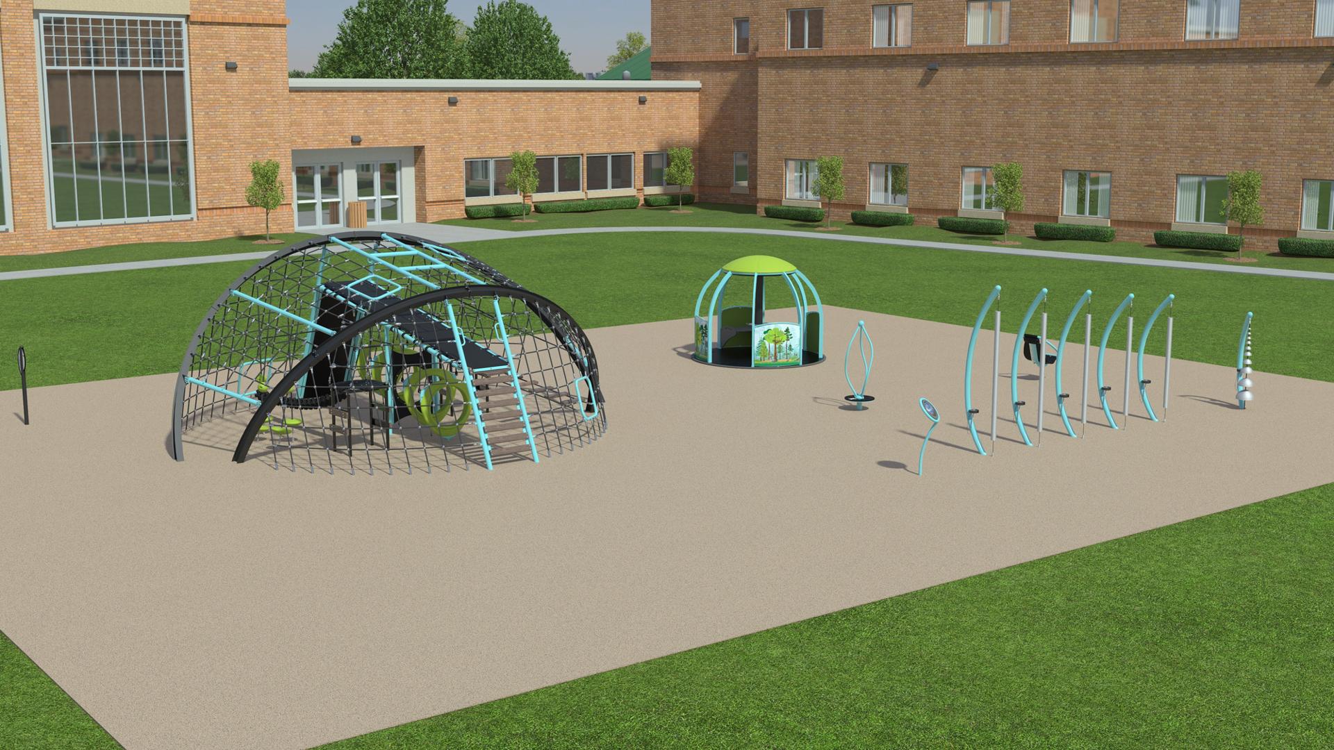 3D high realism image of playground with school building in the background. Playground includes a large climbing net, musical instruments and inclusive merry-go-round. 