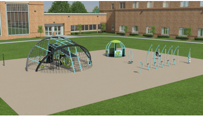 3D high realism image of playground with school building in the background. Playground includes a large climbing net, musical instruments and inclusive merry-go-round. 