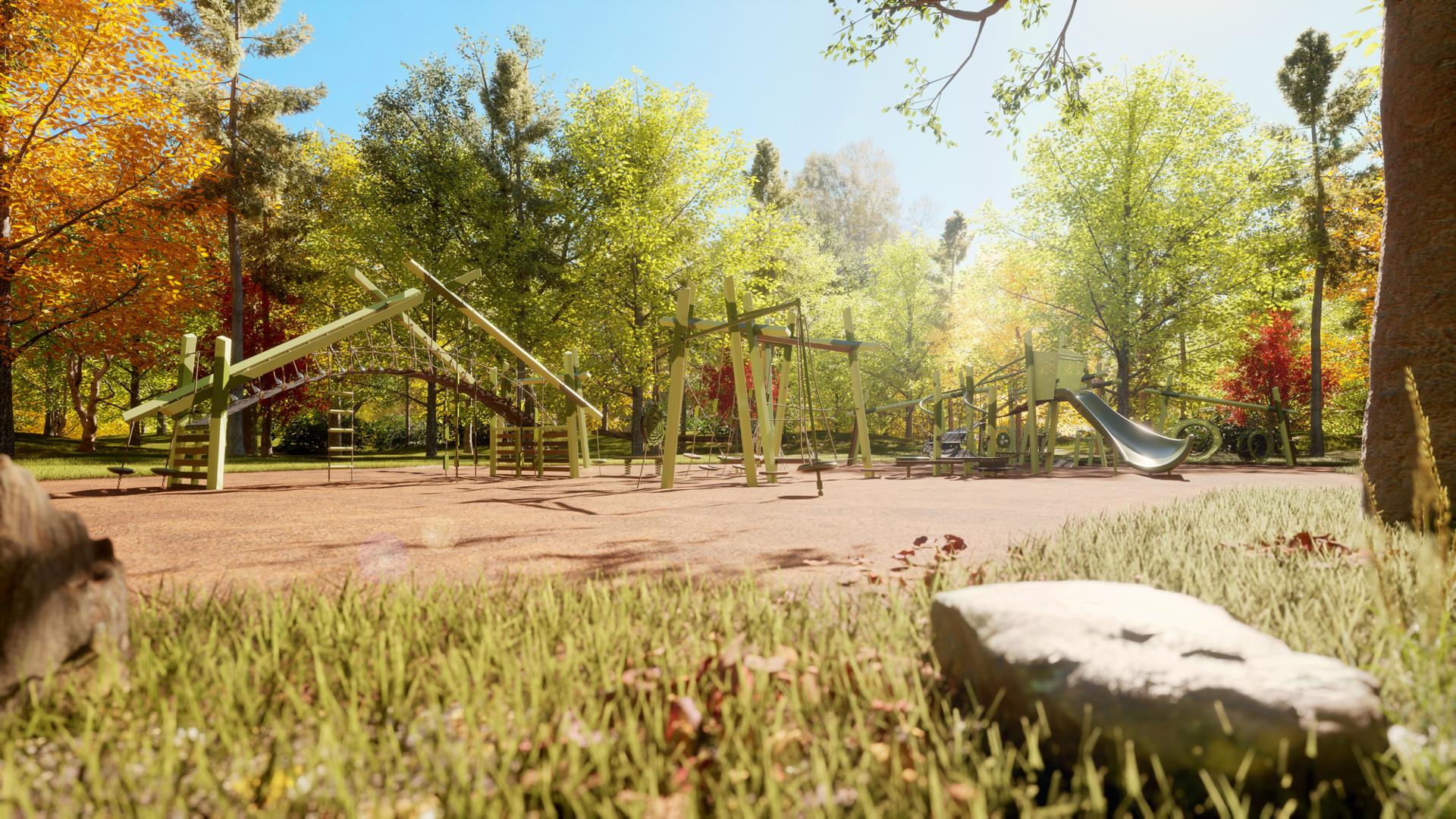 Animated rendering with a ground view of a lush wooded park with a clearing filled with multiple modern designed play structures. 