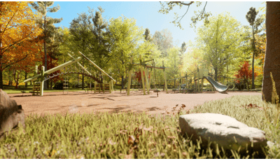Animated rendering with a ground view of a lush wooded park with a clearing filled with multiple modern designed play structures. 