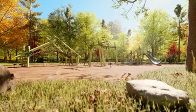 Animated rendering with a ground view of a lush wooded park with a clearing filled with multiple modern designed play structures. 