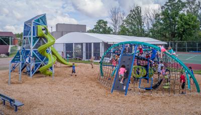 Louis S. Wolk JCC of Rochester
Rochester, NY is made up of a sky-high tower and playground nets. It also features the Double Swoosh Slide® and WhooshWinder® Slide, a Crab Trap®  and O-Zone® ring climber.