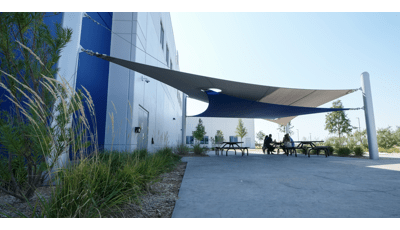 Oklahoma Shade, Oklahoma, OK. Two custom SkyWays® shade products are found on the campus of an Oklahoma City business.