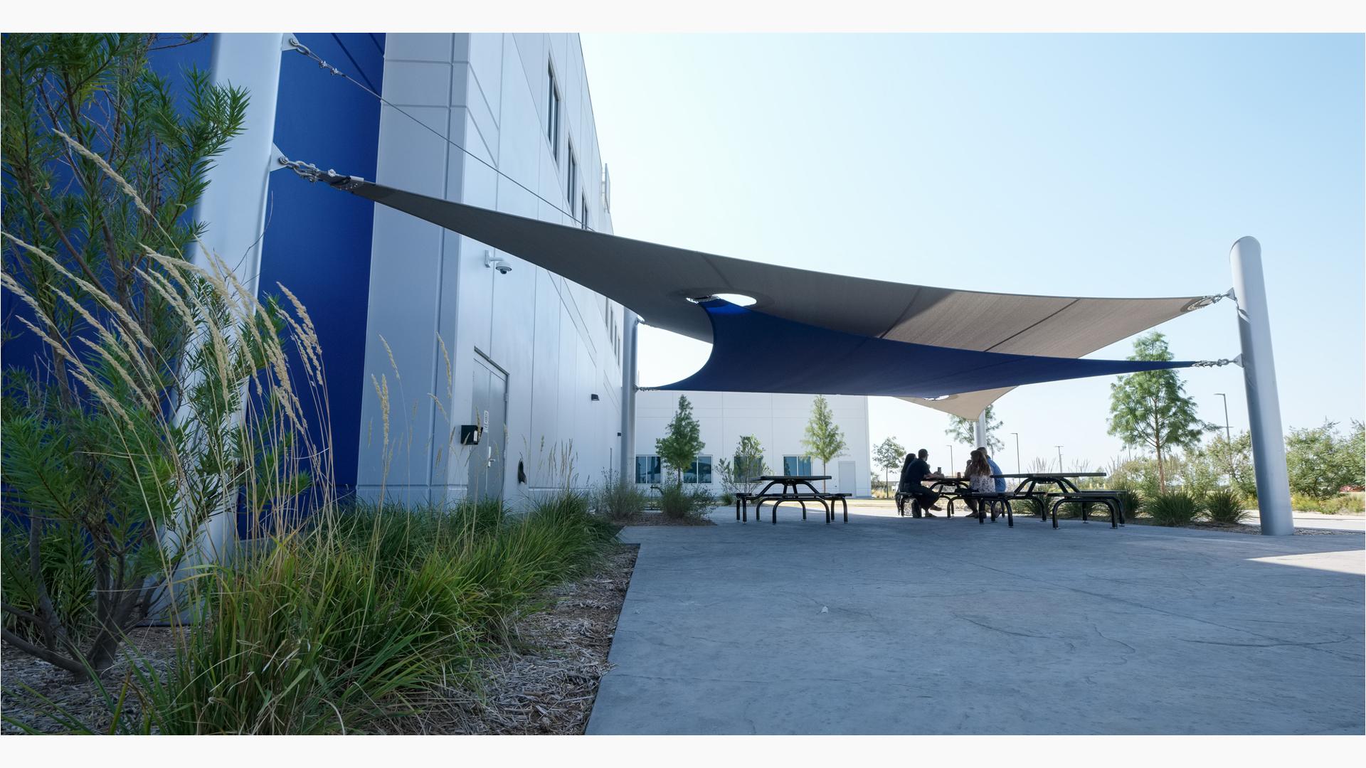 Oklahoma Shade, Oklahoma, OK. Two custom SkyWays® shade products are found on the campus of an Oklahoma City business.