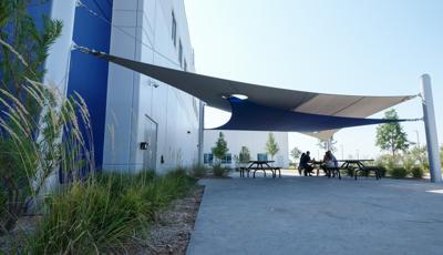 Oklahoma Shade, Oklahoma, OK. Two custom SkyWays® shade products are found on the campus of an Oklahoma City business.