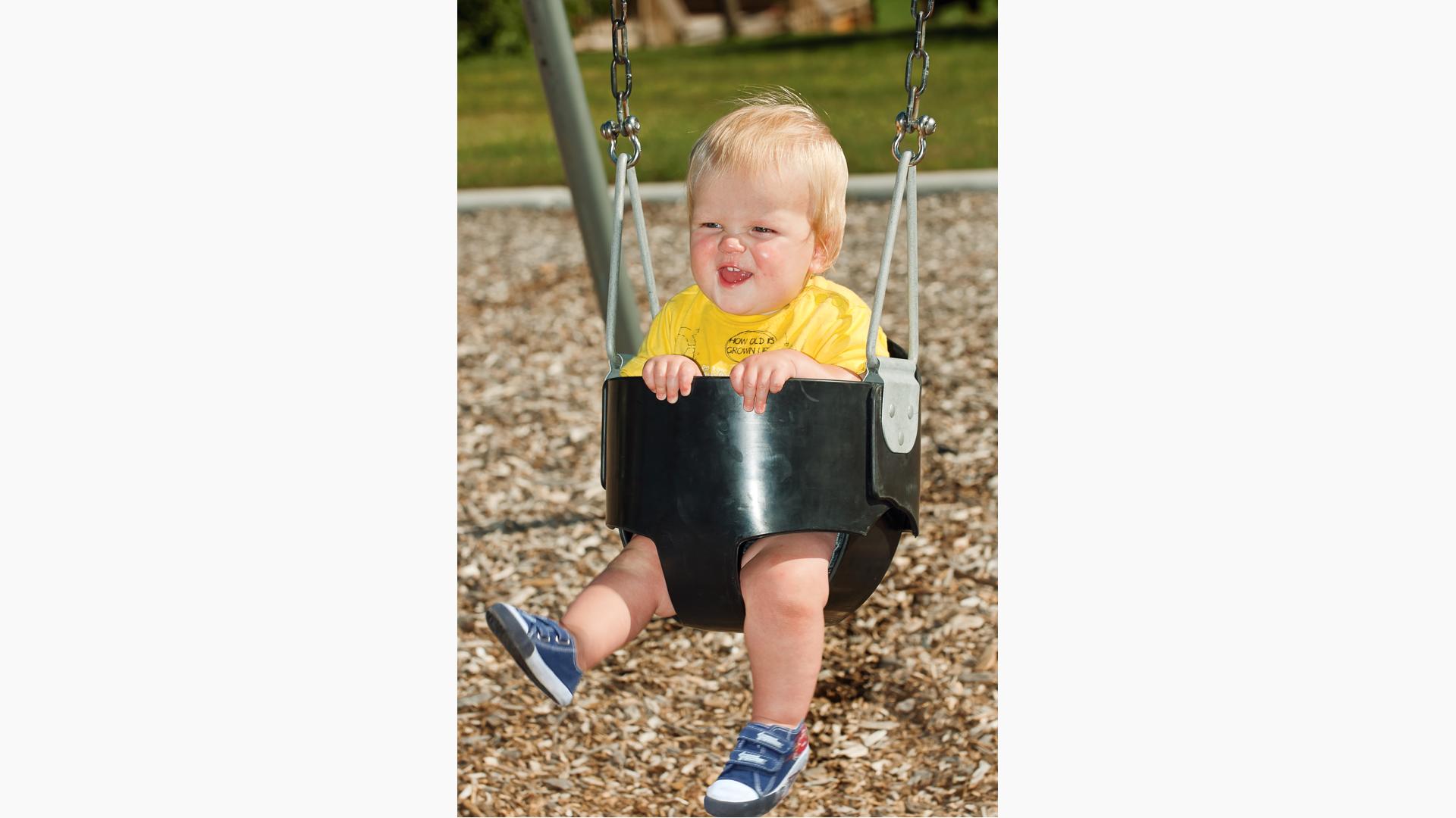 The Full-Bucket Infant Seat with Chains is a safe and sturdy swingset seat option for infants and toddlers.