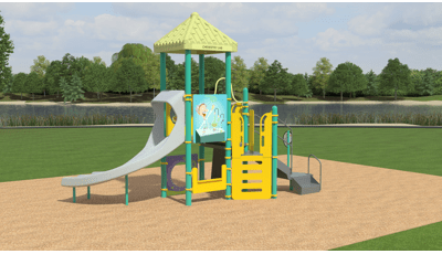 3D high realism image of a playground with lake and trees in the background. Playground colors are yellow, blue-green and gray and has chemistry-themed panels. 