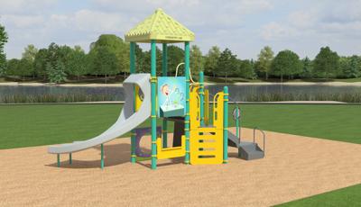3D high realism image of a playground with lake and trees in the background. Playground colors are yellow, blue-green and gray and has chemistry-themed panels. 