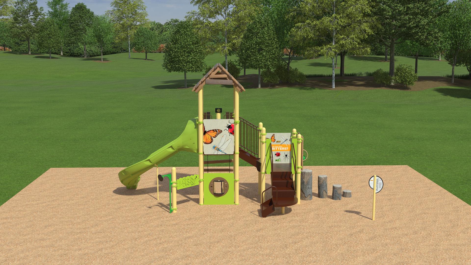 3D high realism render of a playground with green grass and trees in the background. Playground is compact with critter-themed play panels, log stepper climber and slide.