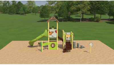 3D high realism render of a playground with green grass and trees in the background. Playground is compact with critter-themed play panels, log stepper climber and slide.