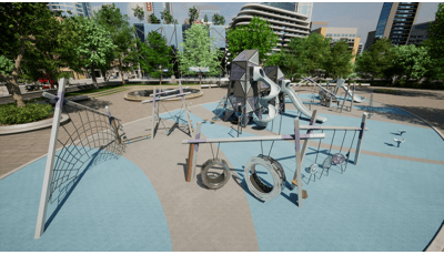 Animated rendering with an elevated view of a play area set in a city square with modern design play structures. A larger play structure is made of two connected towers with climbers and slides.