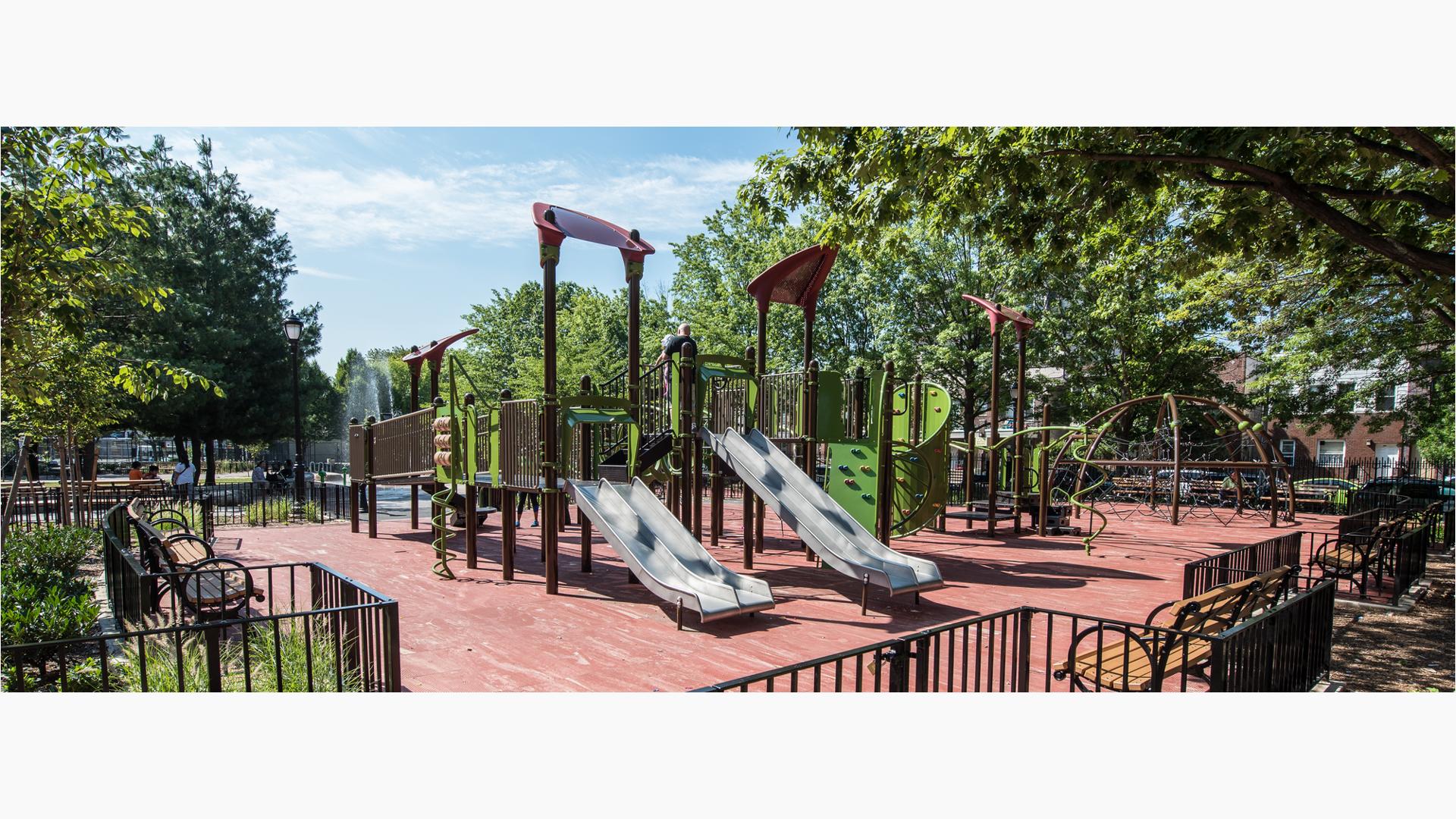 Nature-inspired, naturally shaded playground has a little of everything. From Playbooster play structures to freestanding Eclipse Net Climbers.