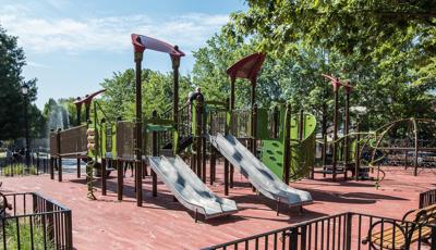 Nature-inspired, naturally shaded playground has a little of everything. From Playbooster play structures to freestanding Eclipse Net Climbers.