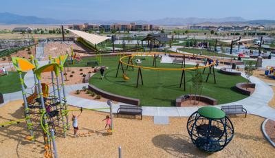 Cory B. Wride Memorial Park features a Netplex® play structure, Global Motion®, Sway Fun® glider as well as a play structure designed for toddlers and preschoolers. Visitors will meet a Mobius®, Aeronet® and AdventureScapes® climbers. And hillside climbers and slides are covered with a SkyWays® shade structure.