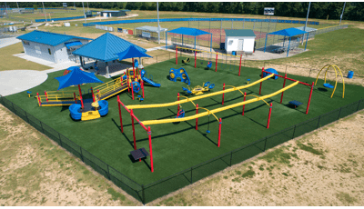 Miracle League of Monticello Monticello, AR, features a ramped PlayBooster® play structure, a Sway Fun® glider, playground slides and sensory panels. Additionally, there is a We-Go-Round®, ZipKrooz®, We-saw™ and Sensory Play Center® as well.