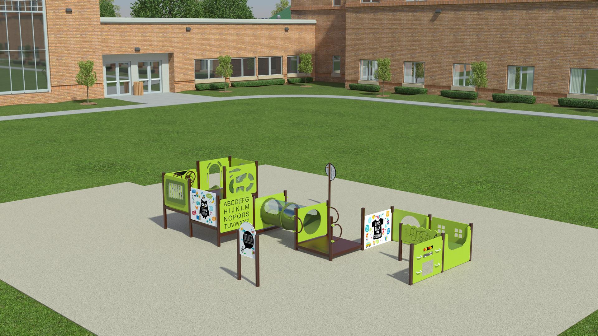 Animated rendering of a playground made up of different play panels and crawl tunnel with a school building in the background.