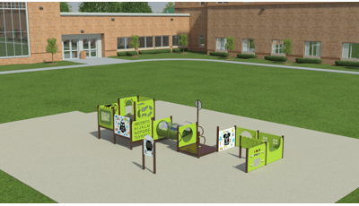 Animated rendering of a playground made up of different play panels and crawl tunnel with a school building in the background.