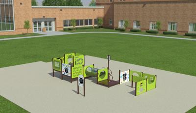 Animated rendering of a playground made up of different play panels and crawl tunnel with a school building in the background.