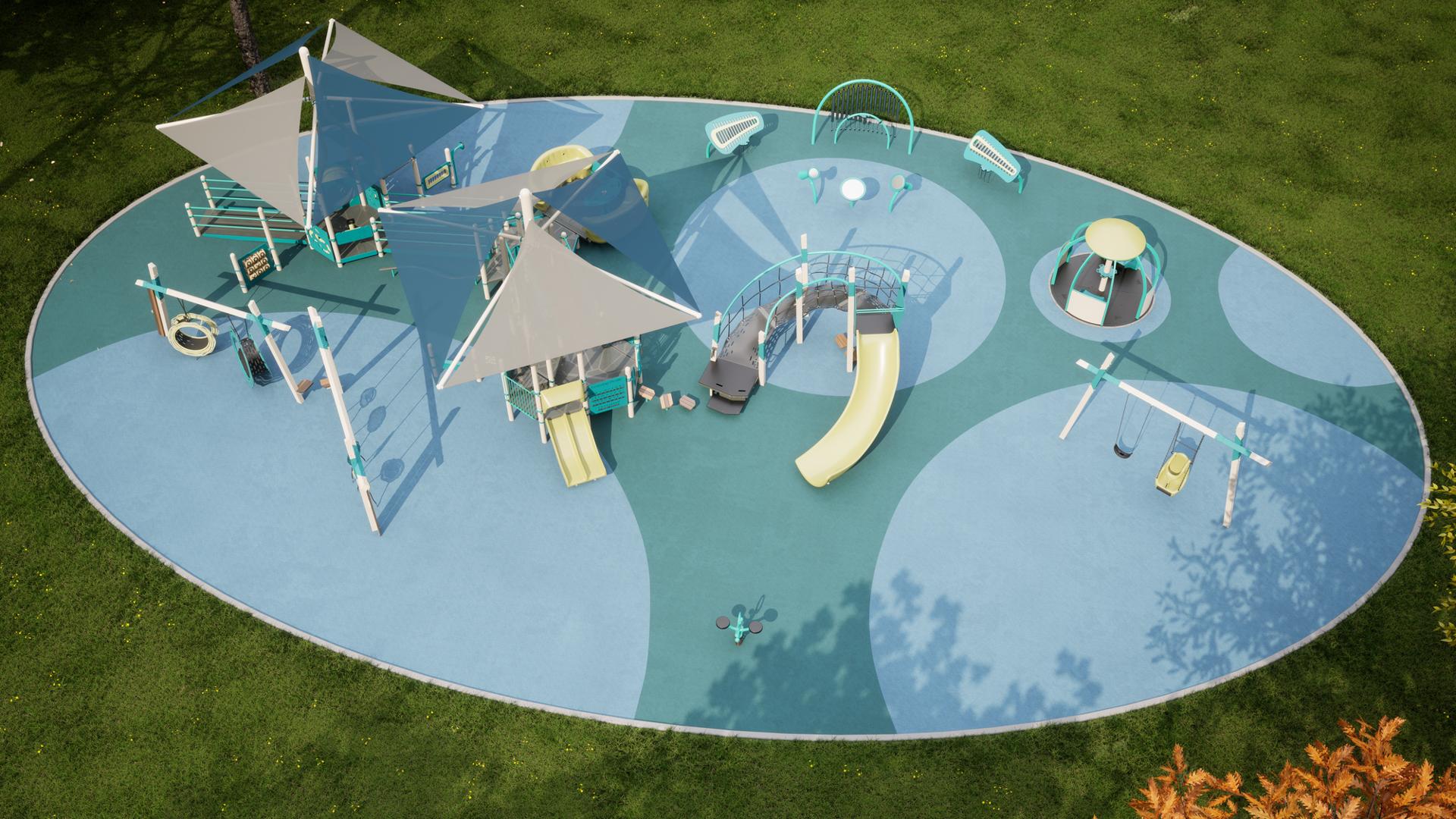 Animated rendering with a full elevated view of an oval shaped play area with modern designed play structures, swing sets, and other play activities. Two of the larger play structures are connected by accessible ramps and bridges and overhead shade systems.