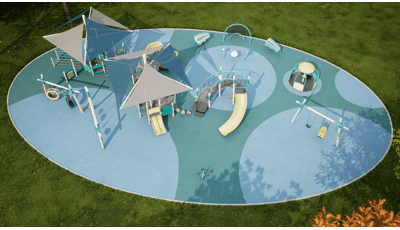 Animated rendering with a full elevated view of an oval shaped play area with modern designed play structures, swing sets, and other play activities. Two of the larger play structures are connected by accessible ramps and bridges and overhead shade systems.