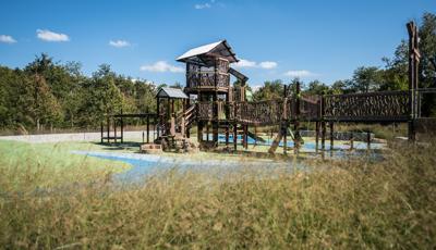 Nature-inspired playground with look-a-like log bridge. Playground is a two-story tower with a metal steel roof. 