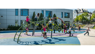 East Somerville School in Somerville, MA for ages 2 to 5, there is a PlayShaper® playstructure. For ages 5 to 12  includes a PlayBooster® playstructure, Evos® playsystem and Mobius® Climber.