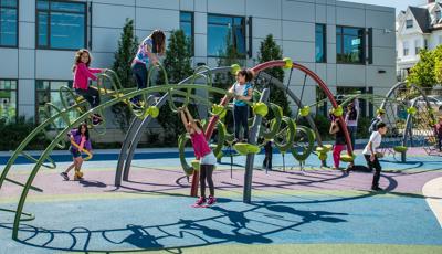 East Somerville School in Somerville, MA for ages 2 to 5, there is a PlayShaper® playstructure. For ages 5 to 12  includes a PlayBooster® playstructure, Evos® playsystem and Mobius® Climber.