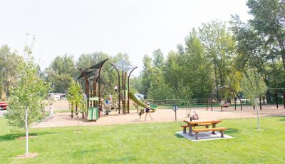 A woman sitting at a picnic table watches as children play all over a tree inspired designed playground.