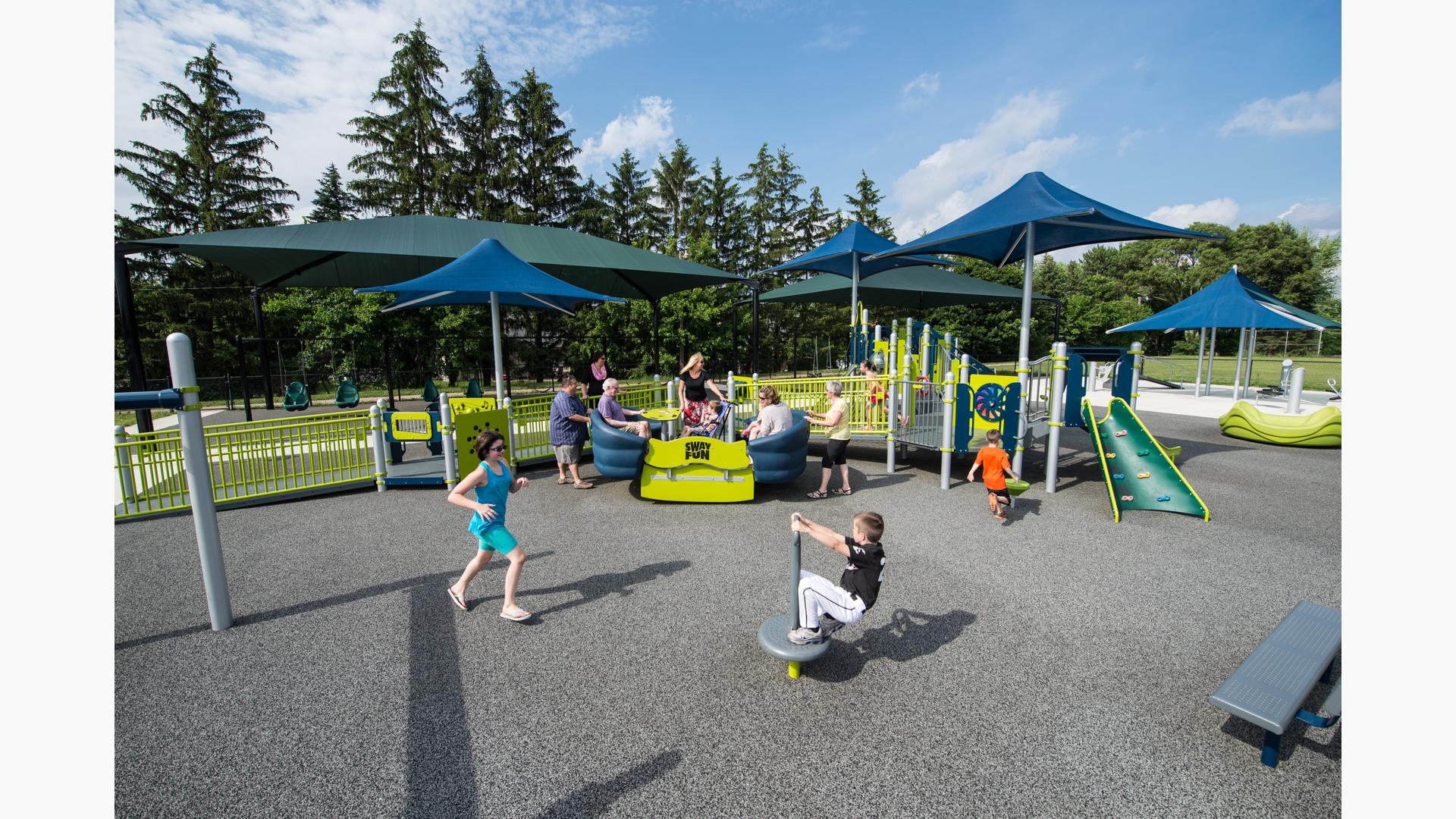 Cooke School offers a PlayBooster® play structure fully inclusive and accessible playground for ages 5 to 12. Features sensory play activities like Sway Fun® Glider, Rollerslide and OmniSpin® Spinner. Sensory play activity panels  also include the HealthBeat® activity for ages 13+.