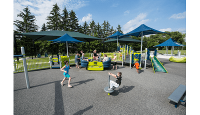 Cooke School offers a PlayBooster® play structure fully inclusive and accessible playground for ages 5 to 12. Features sensory play activities like Sway Fun® Glider, Rollerslide and OmniSpin® Spinner. Sensory play activity panels  also include the HealthBeat® activity for ages 13+.