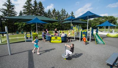 Cooke School offers a PlayBooster® play structure fully inclusive and accessible playground for ages 5 to 12. Features sensory play activities like Sway Fun® Glider, Rollerslide and OmniSpin® Spinner. Sensory play activity panels  also include the HealthBeat® activity for ages 13+.