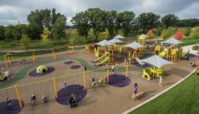 Madison's Place, Woodbury, MN is a a fully inclusive playground featuring the Sway Fun® Glider,  interactive sensory play panels like the Xylofun Panel®, CoolToppers® shade and ZipKrooz® zipline.