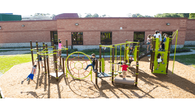 Oak Forest Elementary School, Houston, TX. This playground design features a Swing Out™, Spider Web Climber, Log Roll, and a PlayBooster® playstructure.