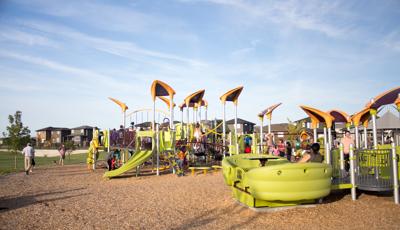 Norseman Park, Regina, SK includes inclusive PlayBooster® play structure whcih offers accessible ramps. Kids can access the Sway Fun® glider, the slides, overhead events, nets, and sensory play panels.For kids ages 5 to 12, a Motion Smart Play® play structure for toddlers and preschoolers was included.