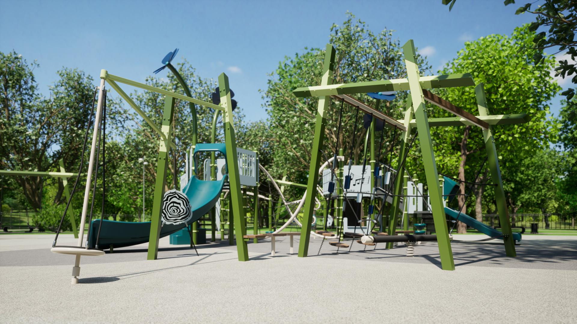 Animated rendering of modern designed play structures set in an outdoor park surrounded by lush green trees.