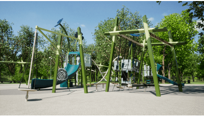 Animated rendering of modern designed play structures set in an outdoor park surrounded by lush green trees.