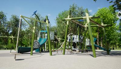 Animated rendering of modern designed play structures set in an outdoor park surrounded by lush green trees.