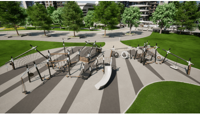 Animated rendering with an elevated view of a play area set in a metropolitan setting with modern designed playground structures colored black with white accents. The playground surfacing is design in uneven stripes of grey and white.