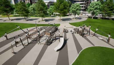 Animated rendering with an elevated view of a play area set in a metropolitan setting with modern designed playground structures colored black with white accents. The playground surfacing is design in uneven stripes of grey and white.