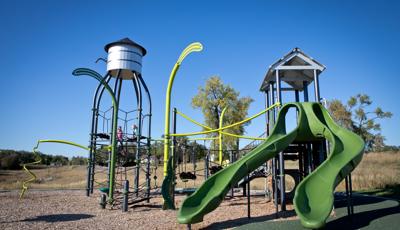 Green playground with tall net structure that has a silo type roof and tall posts shaped like wheat stalks. Double green slide in front with open grass and a few trees in the background.