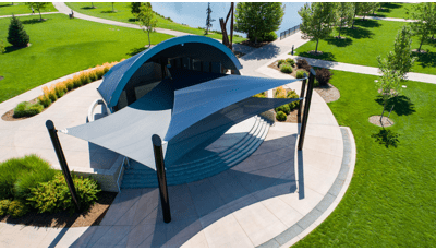 Kleiner Bandshell Park Meridian, ID features custom SkyWays® commercial shade sails.