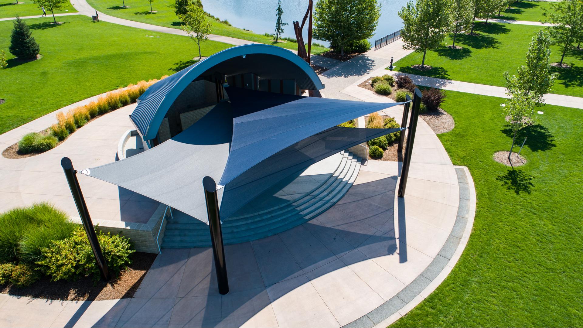 Kleiner Bandshell Park Meridian, ID features custom SkyWays® commercial shade sails.