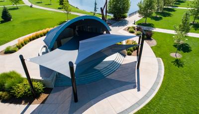 Kleiner Bandshell Park Meridian, ID features custom SkyWays® commercial shade sails.