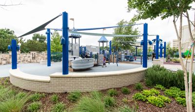 Cook Children’s Hospital, Fort Worth, Texas, for ages 5 to 12.  Custom medieval-theme PlayBooster® playstructure with access to ramps. Features inclusive play activities like sensory-stimulating play panels and Rollerslide, Sway Fun® Glider, and Talk Tubes.