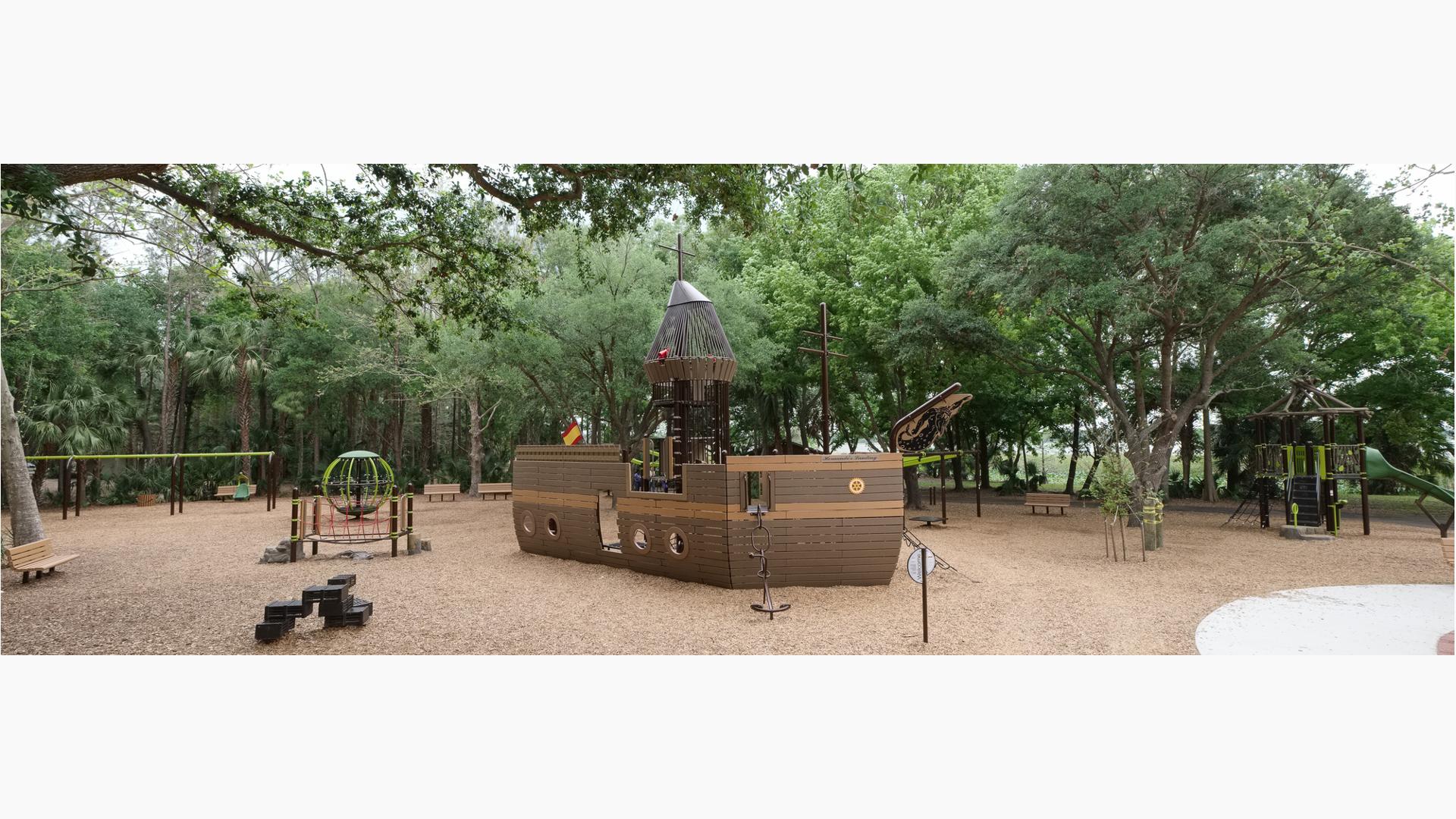 Lake Parker Park, Lakeland, FL which features a ship-themed playground design. Playground nets and other climbers. In addition, there are nature-inspired PlayBooster® and PlayShaper® play structures, Global Motion®, Rhapsody® Outdoor Musical Instruments, ZipKrooz® and swings.