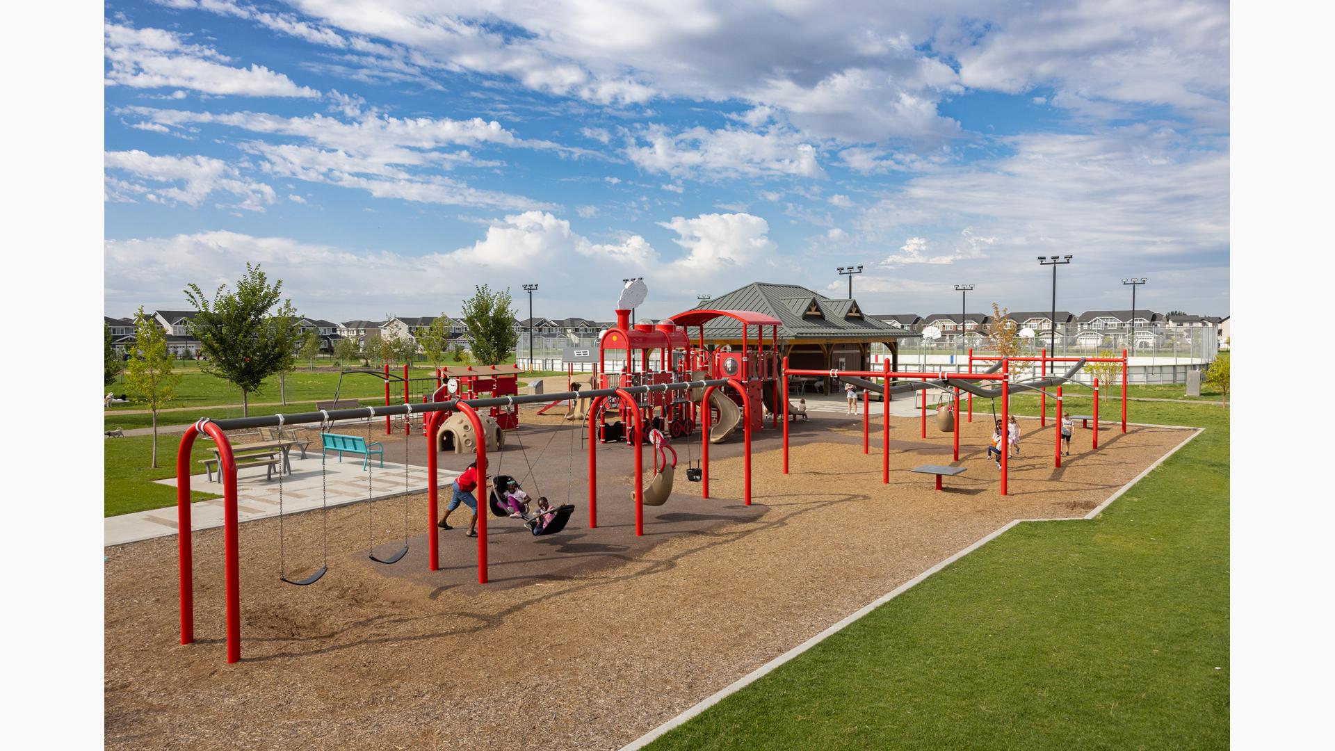 Elevated view of a park train themed playground.